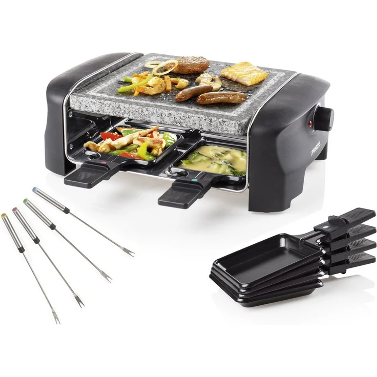 PRINCESS Raclette Stone Grill, 4 Raclettepfännchen, 600 W, quadratische Grillplatte für 4 Personen, leicht zu reinigen