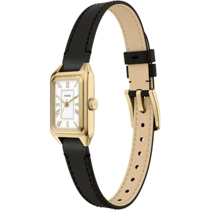 Fossil Raquel Damenuhr, Quarz-Dreizeigerwerk mit 18-mm-Gehäuse, schwarzem Lederarmband und wasserdicht bis 50 m, goldfarbenes Edelstahlgehäuse – Bild 3