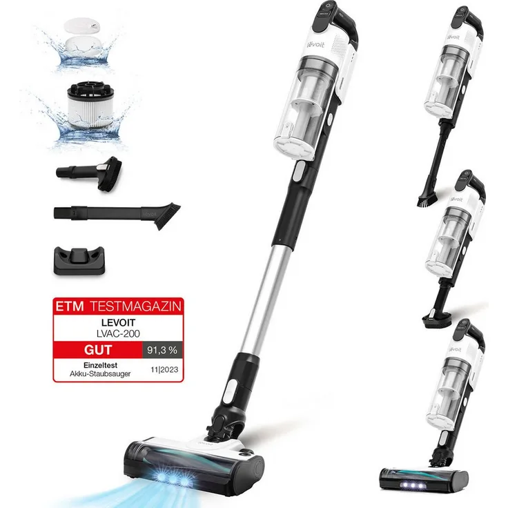 Levoit Akku-Hand-und Stielstaubsauger, 180,00 W, beutellos, Vakuum - LSV-V201-WEU, Turbo-Modus, Eco-Modus, weiß