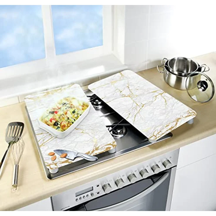 WENKO Herdabdeckplatte Universal Marmor Gold, 2er Set Herdabdeckung für alle Herdarten, Gehärtetes Glas, 30 x 52 cm, mehrfarbig – Bild 3