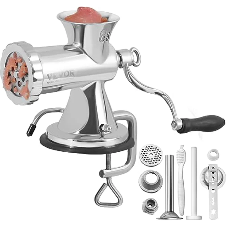 VEVOR Manuelle Fleischwolf Hand Fleischwolf 304 Edelstahl, Mit 5 & 8 mm Schneidplatten, Inklusive Wurstrohr, Silber – Bild 1