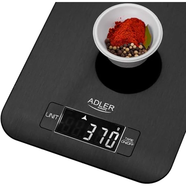 Adler Küchenwaage AD 3183, digitale Haushaltswaage mit LCD Anzeige und Hintergrundbeleuchtung, schwarz, 5kg Kapazität, Edelstahl-Plattform – Bild 6