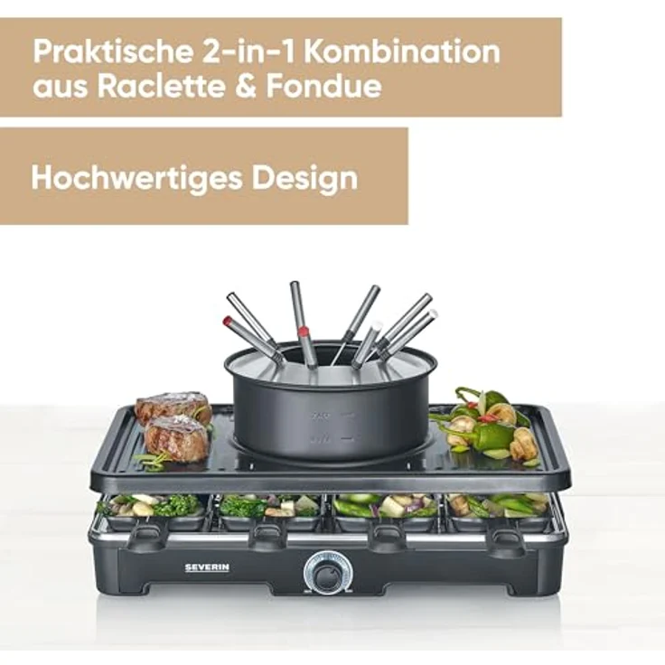 SEVERIN Raclette-Fondue-Kombination RG2347, 2-in-1 Raclette Grill & Fondue-Set für 8 Personen, Antihaftbeschichtung, spülmaschinengeeignet – Bild 2