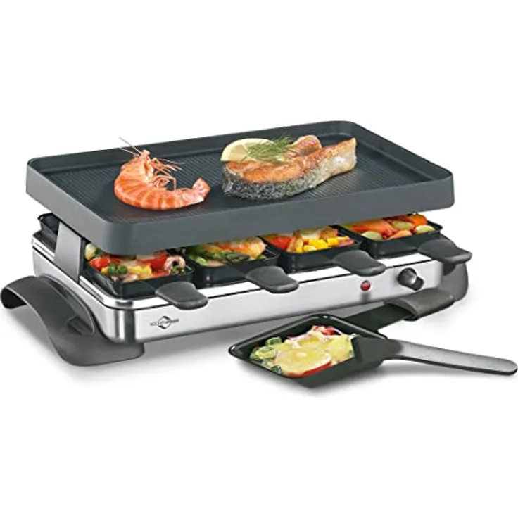 Küchenprofi Raclette GRANDE8 aus Edelstahl, für 8 Personen, 1200 Watt, 47x24,5x13,5 cm, antihaftbeschichteter, mit 8 Holzschabern, stufenlos regulierbare Temperatur, Schwarz, 1755010000