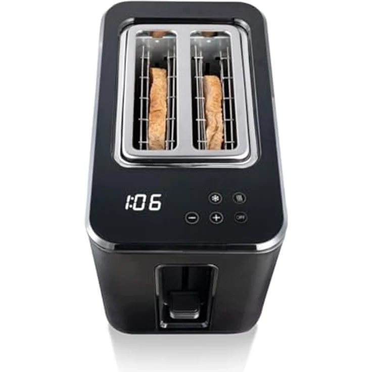 Cloer 3930 Digitaler Toaster für 2 Scheiben, Touch-Funktion, 750-900 W, Restzeitanzeige, Auftaufunktion, Wiederaufwärmfunktion, Brötchenaufsatz, 7 Bräunungsstufen, Krümelschublade, schwarz – Bild 5
