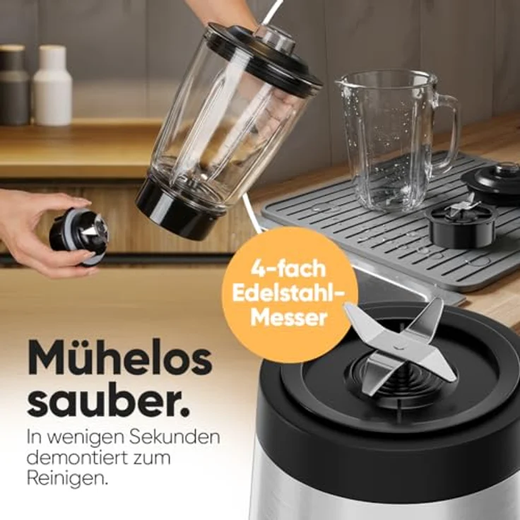 Clatronic® UM 3829 Standmixer 700W, 1,5L Glasbehälter, BPA-frei, 4-fach Edelstahl-Messer, Ice-Crush Funktion, 3 Stufen, Turbo-Funktion, Deckel mit Nachfüllöffnung – Bild 5