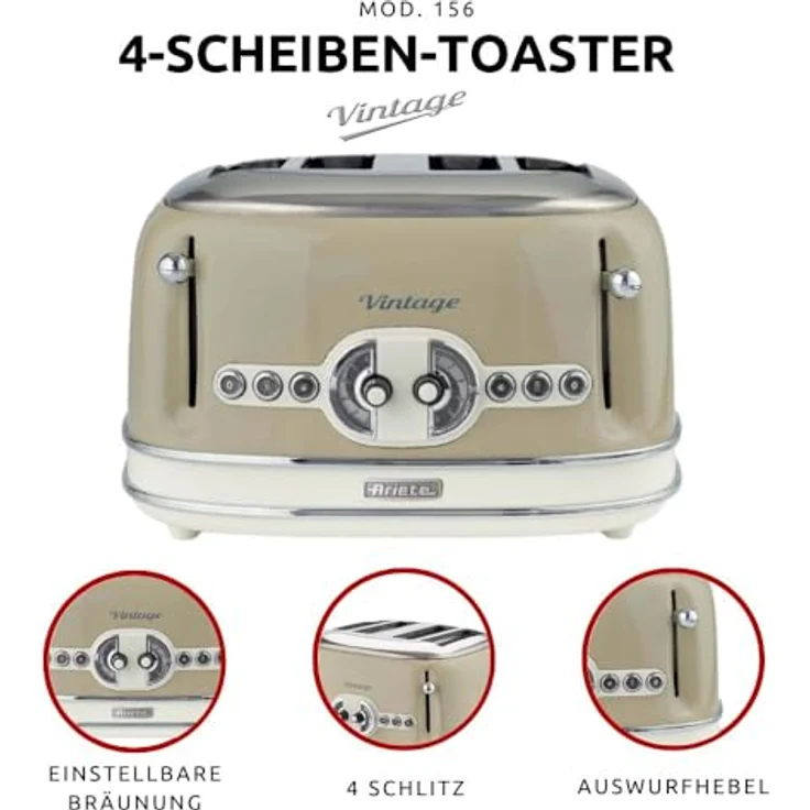 Ariete 156 Vintage, Toaster für 4 Scheiben, 1600 W, 6 Toaststufen, aus Pastellbeige lackiertem Edelstahl, ohne Zangen – Bild 4