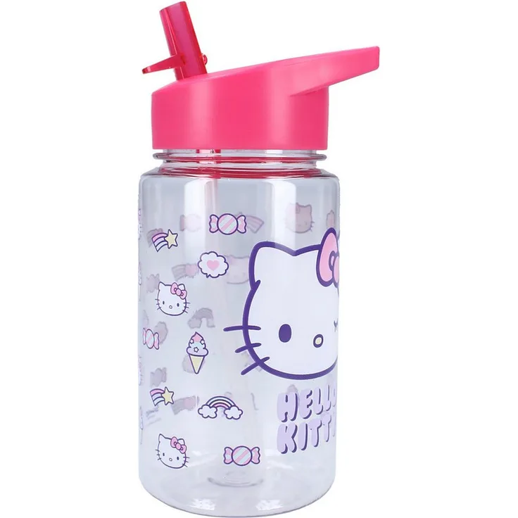 Hello Kitty Trinkflasche „Drink Up“, 450 ml mit Strohhalm und pinkem Henkel, transparent