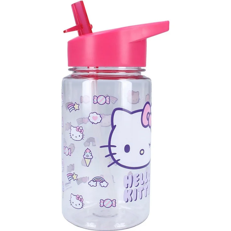 Hello Kitty Trinkflasche „Drink Up“, 450 ml mit Strohhalm und pinkem Henkel, transparent