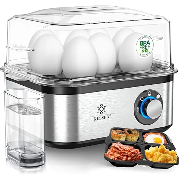 KESSER® Eierkocher für 1 bis 8 Eier, elektrisch aus Edelstahl 500W mit Warmhaltefunktion, LED-Drehschalter, drei Härtegrade, BPA-frei & spülmaschinenfest, inkl. Messbecher, Eierhalter & Omlettschale, Silber – Bild 1