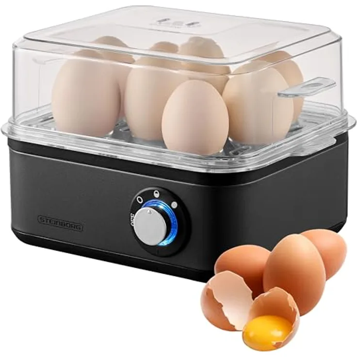 Steinborg Eierkocher für 1 bis 8 Eier | Edelstahl 500 Watt | 3 Härtegrade BPA-Frei & Spülmaschinenfest LED Drehschalter - Robust & Langlebig