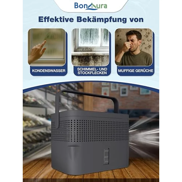 BonAura® AirOne Max, Luftentfeuchter ohne Strom für Räume bis 33m², 360° Belüftung, integriertem Ausgießer & 980g Granulat, Schimmel- und Geruchsschutz – Bild 2