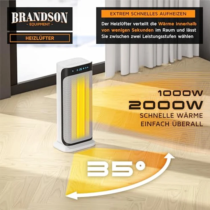 Brandson Keramik-Heizlüfter 2000 Watt, energiesparend mit Fernbedienung und Oszillationsfunktion, weiß/schwarz, GS zertifiziert – Bild 3