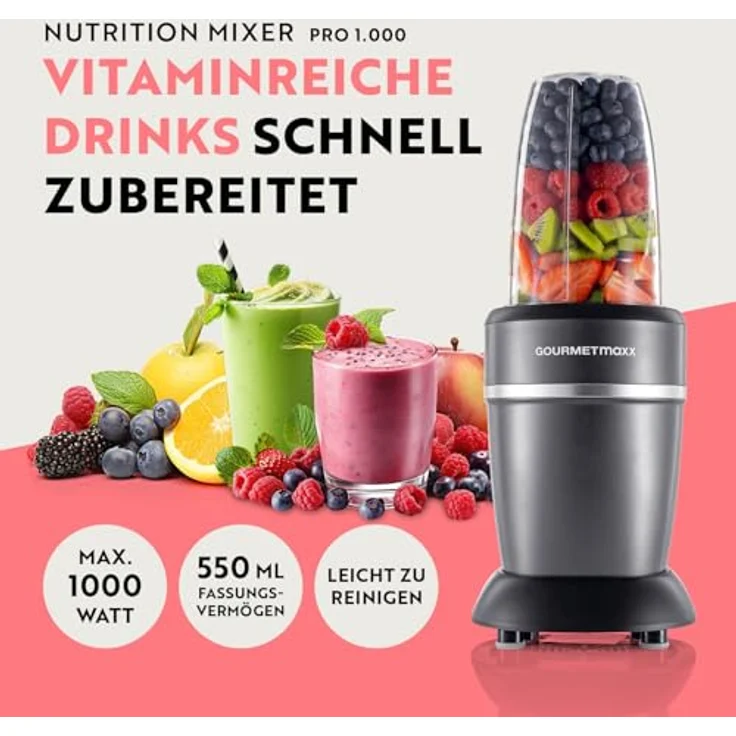 GOURMETmaxx Nutrition Mixer Pro 1.000, Standmixer mit Zubehörset L für Shakes und Smoothies, 1000 Watt – Bild 2