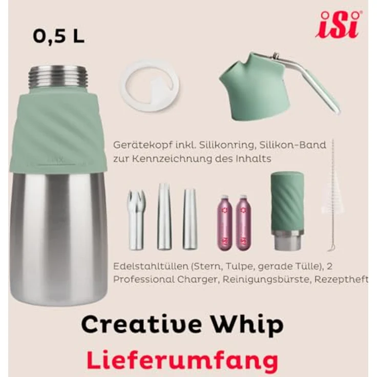 iSi Creative Whip Premium Sahnespender 500ml, Wave Green, aus Edelstahl, inkl. 3 Edelstahltüllen, 2 iSi Sahnekapseln, spülmaschinenfest – Bild 2