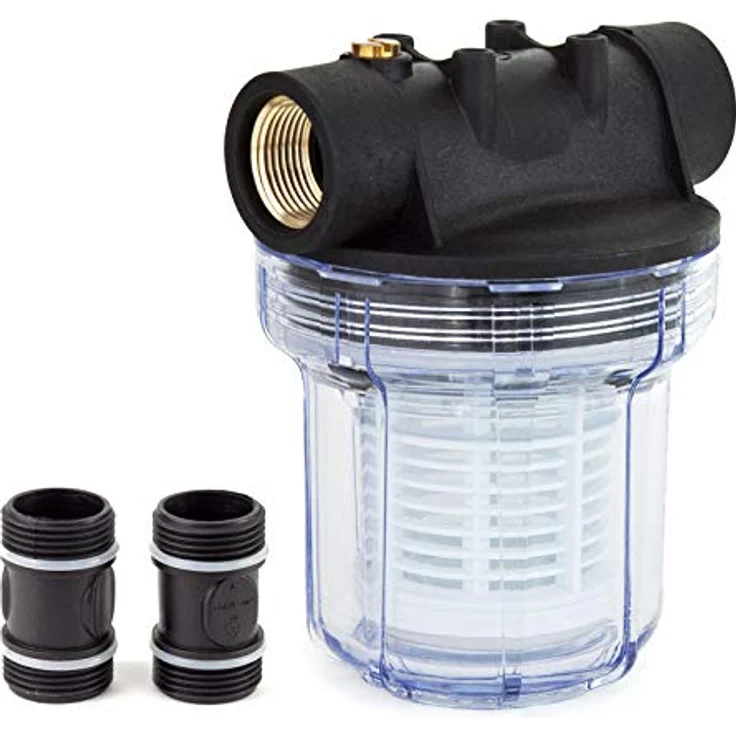Grafner Vorfilter für Hauswasserwerke und Gartenpumpen, mit Filtereinsatz, platzsparende Ausführung, 1“ IG und 2x 1“ AG Adapter, 5,5 bar, 3000 l/h, Filter Pumpe - Preisvergleich – Bild 2