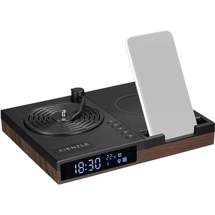 Kienzle Retro Plattenspieler Wecker mit Bluetooth Lautsprecher, kabelloser Ladestation, Temperaturanzeige, 2 Weckzeiten und Ambiente Licht – Bild 5