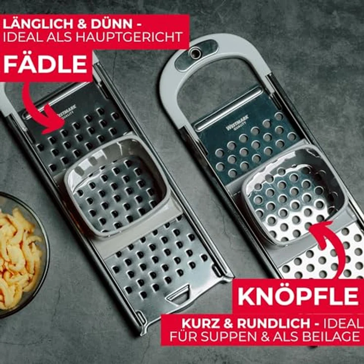 Westmark Spätzlehobel mit Teigschlitten, Spätzlereibe für Topfdurchmesser bis zu 24 cm, Rostfreier Edelstahl-Kunststoff, Knöpfle, Weiß-Silber, 61122270 – Bild 3