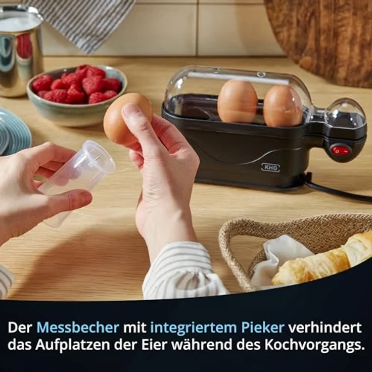 KHG Eierkocher für 3 Eier, Aluminium Schwarz, mit Warmhaltefunktion und Alarmfunktion, 380 Watt, platzsparend, TÜV Siegel – Bild 5