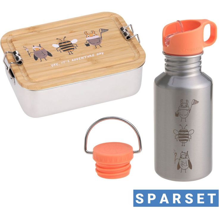 Lässig 2-tlg. Lunch Set, Edelstahl Brotdose mit Bambusdeckel und Trinkflasche, Nature, 500 ml, auslaufsicher, spülmaschinengeeignet