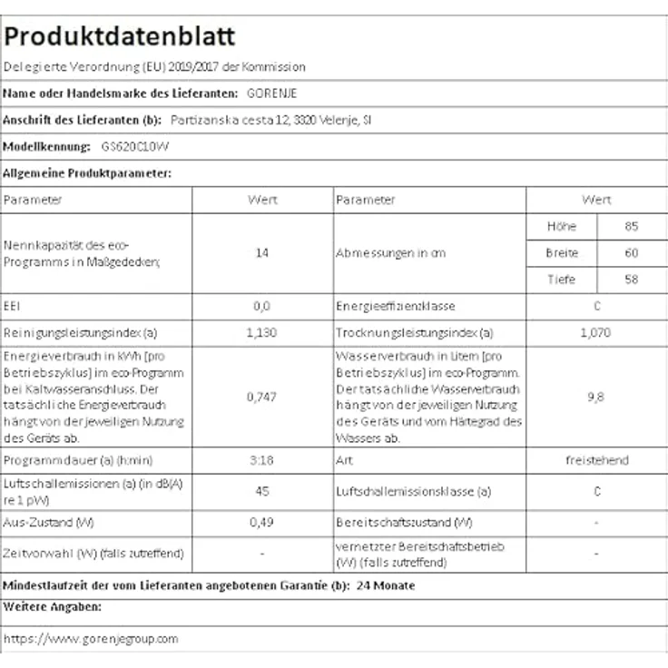 Gorenje GS620C10W, Geschirrspüler, C, Geräuschemissionsklasse C, Geräuschemissionen 45 Dezibel – Bild 10