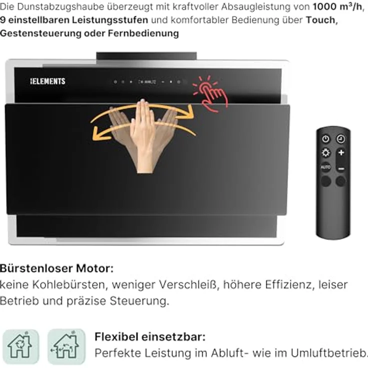 KB ELEMENTS Dunstabzugshaube Unterbau 60 cm, 1000 m³/h, Touch- und Gestensteuerung, Abluft- und Umluftbetrieb, Fernbedienung, LED-Beleuchtung – Bild 2
