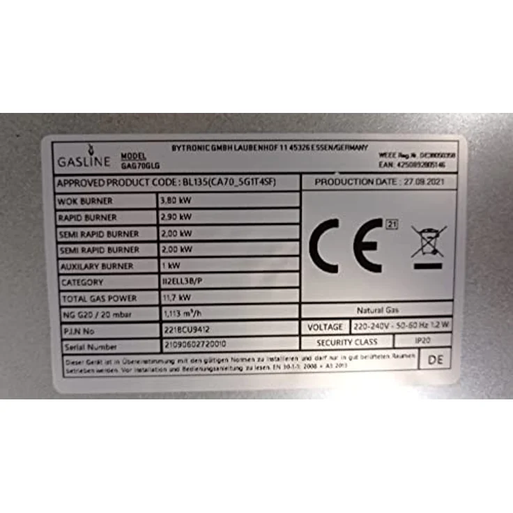 Gasline GAG70GLG Einbau Gasherd, 5-flammig, Schwarz Glaskeramik, 3,8 kW WOK Brenner, Sabaf-Brenner, Erdgas/Propangas, Elektrische 1-Handzündung, Thermoelektrische Zündsicherung – Bild 8