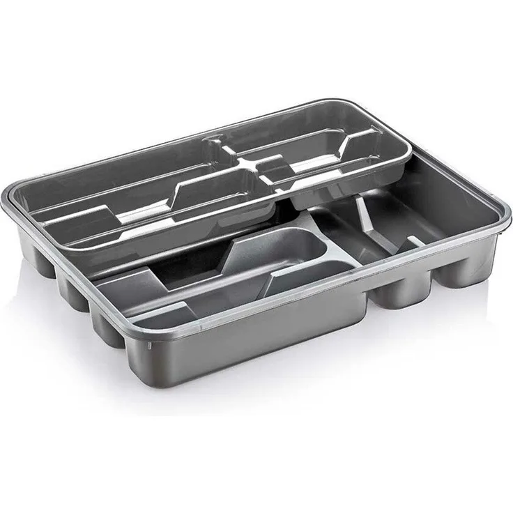 Michelino Besteckkasten, Grau mit 6 Hauptfächern und Einlegefach, stapelbar und pflegeleicht