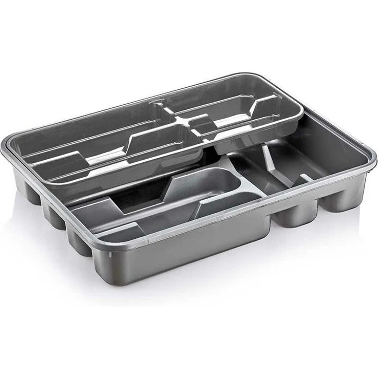 Michelino Besteckkasten, Grau mit 6 Hauptfächern und Einlegefach, stapelbar und pflegeleicht