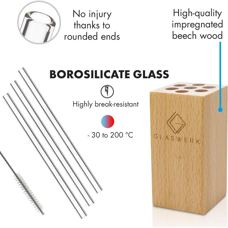 Glaswerk Salizzada Glasstrohhalme 7 Stück 0,8 x 20 cm (ØxH) Holzhalterung Bürste – Bild 5