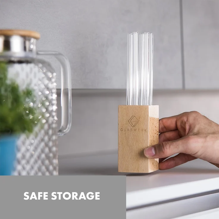 Glaswerk Salizzada Glasstrohhalme 7 Stück 0,8 x 20 cm (ØxH) Holzhalterung Bürste – Bild 4