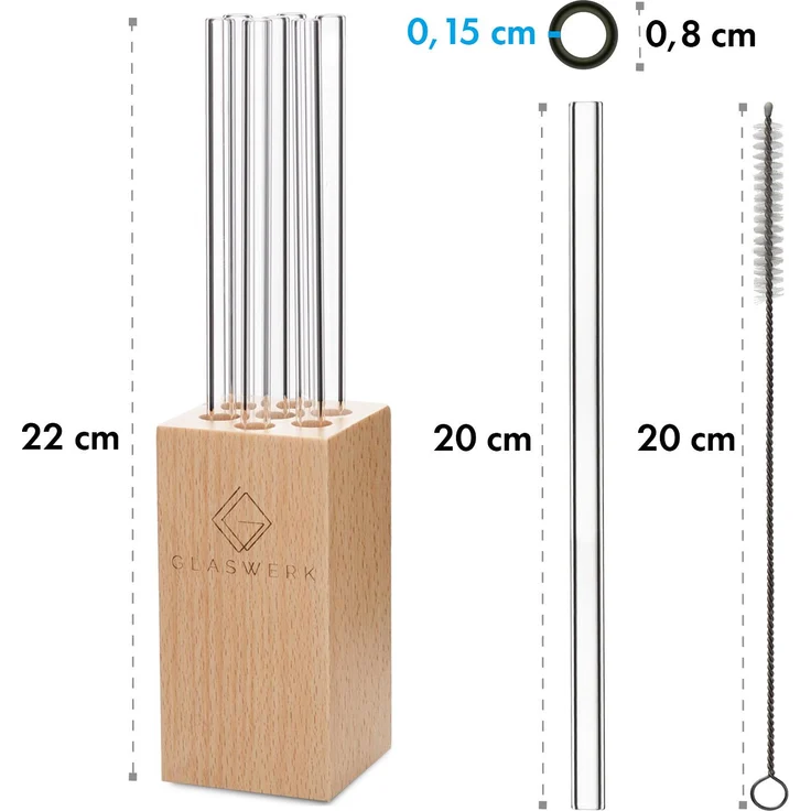 Glaswerk Salizzada Glasstrohhalme 7 Stück 0,8 x 20 cm (ØxH) Holzhalterung Bürste – Bild 6