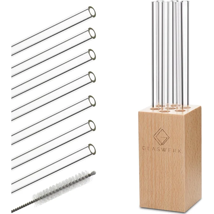 Glaswerk Salizzada Glasstrohhalme 7 Stück 0,8 x 20 cm (ØxH) Holzhalterung Bürste