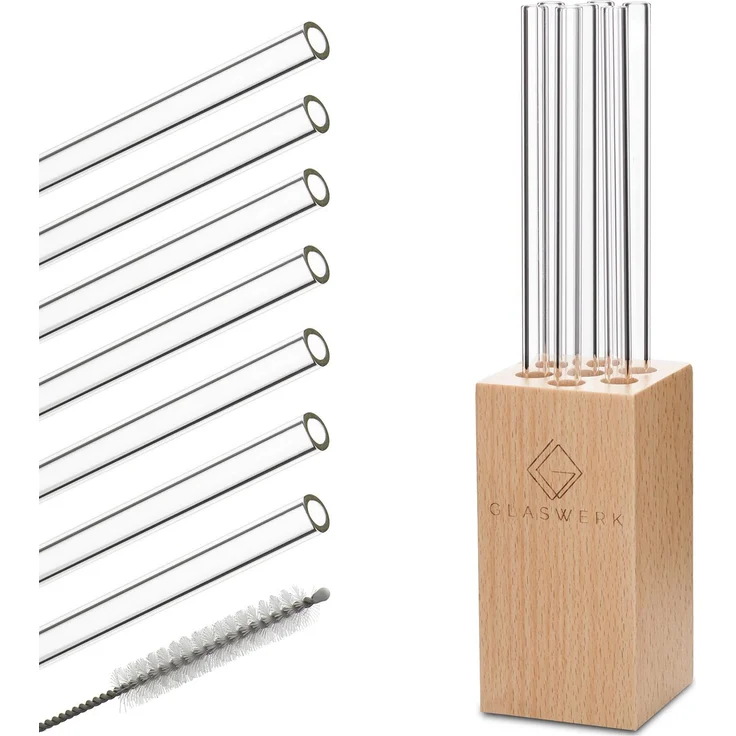 Glaswerk Salizzada Glasstrohhalme 7 Stück 0,8 x 20 cm (ØxH) Holzhalterung Bürste – Bild 1