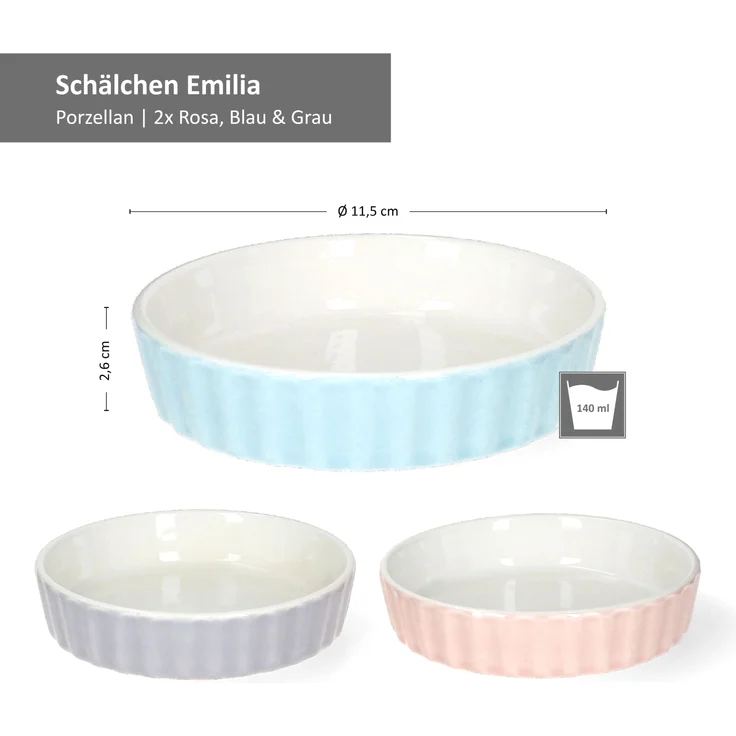 6x Schälchen Emilia 140ml Porzellan rosa türkis grau Mini-Backform Auflaufform – Bild 4