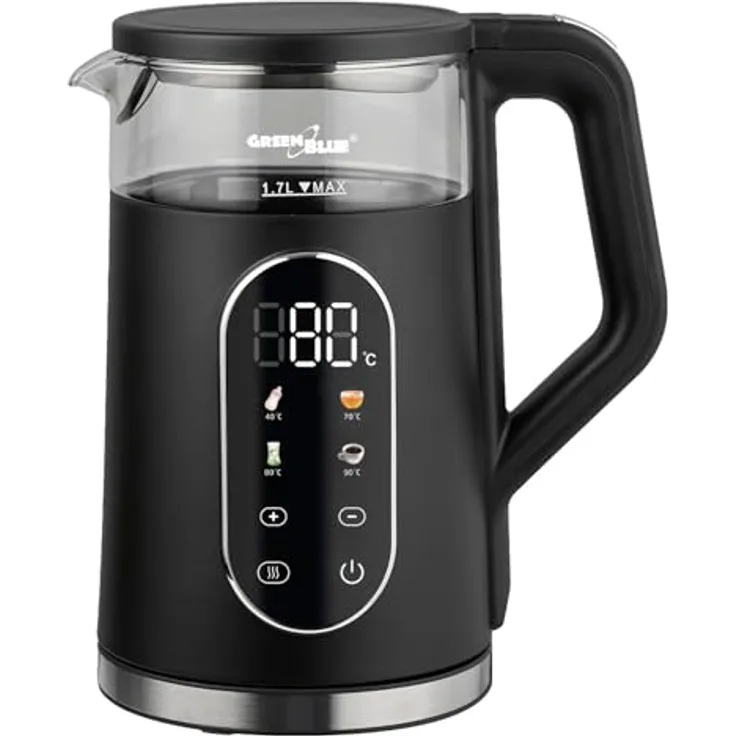 GreenBlue GB670 B, Kabelloser Wasserkocher 1,7 L mit Temperaturwahl, Glasbehälter, 2200 W, schwarz
