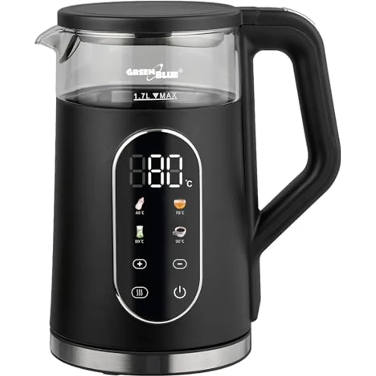GreenBlue GB670 B, Kabelloser Wasserkocher 1,7 L mit Temperaturwahl, Glasbehälter, 2200 W, schwarz – Bild 1