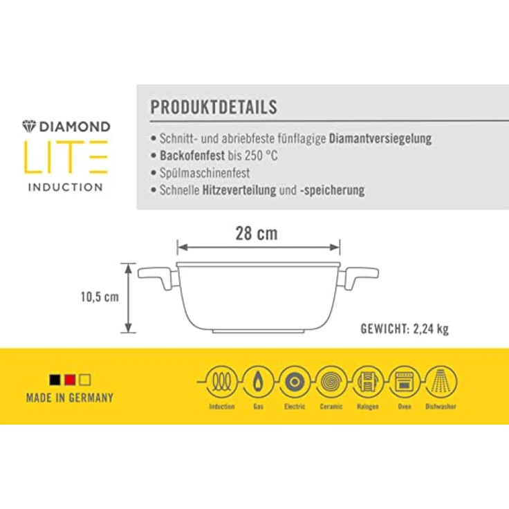 Woll Diamond Lite Guss-Bräter, Induktiv -, 28 x 28 cm, 10,5 cm hoch, 6 Liter, 2 Seitengriffe - Geeignet für alle Herdarten, Aluminium Gusspfanne, backofenfest, anthrazit – Bild 4