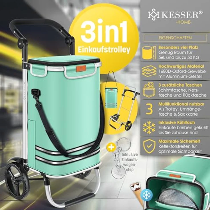 KESSER® Einkaufstrolley klappbar mit 56L Kapazität und belastbar bis 50kg | 3in1 Trolley Sackkarre & Umhängetasche | Faltbarer Einkaufswagen inkl. Kühlfach & Einkaufschip | Treppensteiger Mint Grün – Bild 2