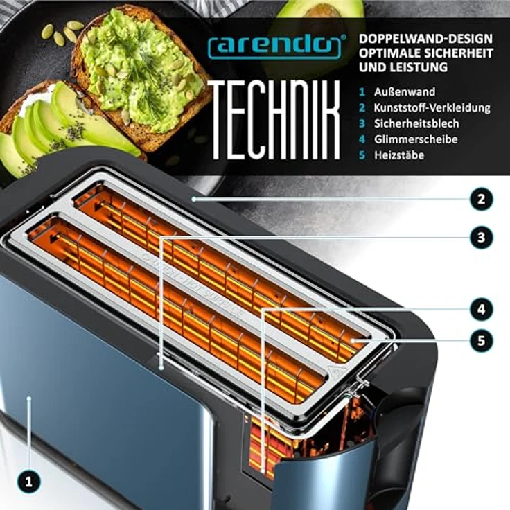 Arendo Edelstahl Toaster Langschlitz 4 Scheiben mit Touchscreen, 7 Bräunungsstufen, integrierter Brötchenaufsatz, Memoryfunktion, Admiralblau – Bild 5