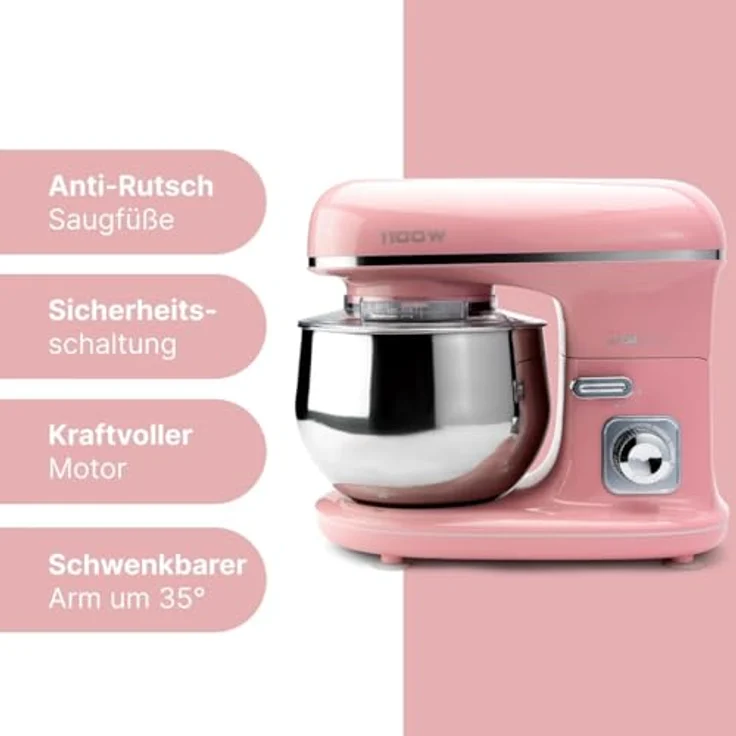 Clatronic KM 3711 Rock'n'Retro Knetmaschine inkl. transparentem Spritzschutzdeckel mit Nachfüllöffnung, 1100 Watt, 5 Liter, schwenkbarer Multifunktionsarm, Pink – Bild 2