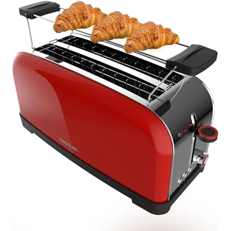 Cecotec Toastin' Time 1500, Vertikaler Toaster mit 2 langen Schlitzen, 1500 W, 4 Brotscheiben, Edelstahl Rot, Brötchenaufsatz, 3,8 cm breiter Schlitz, 7 Bräunungsstufen – Bild 1