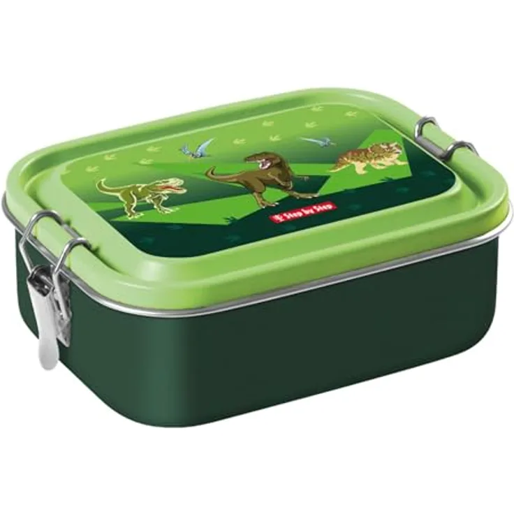 Step by Step Lunchbox Stainless Steel Dino, 0,8 Liter Edelstahl mit auslaufsicherem Verschluss, grün