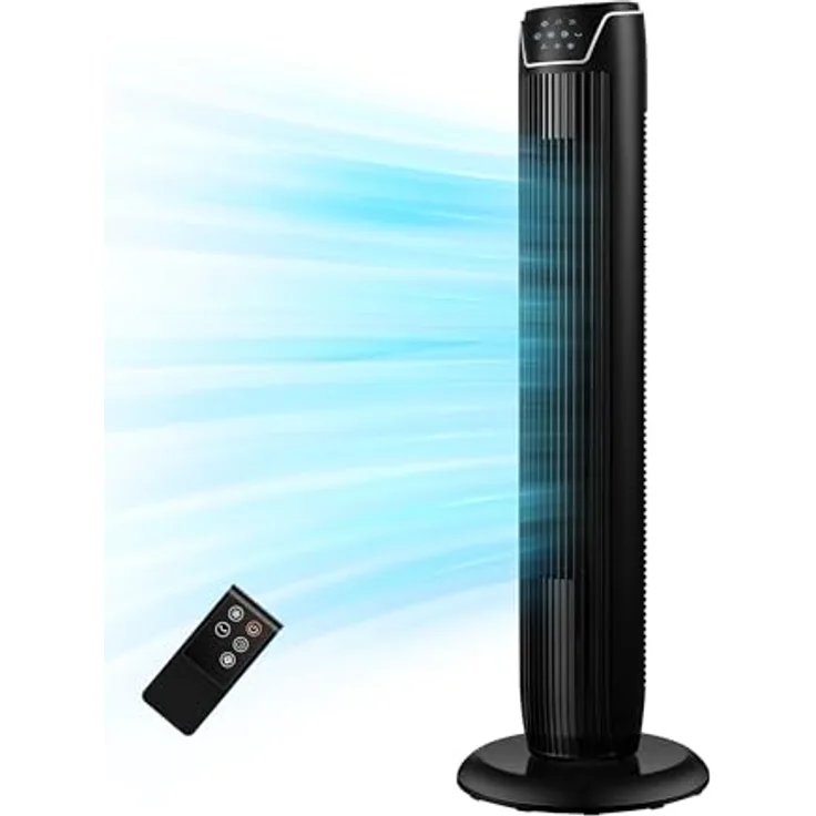 Midea FZ10-17JR Turmventilator, 45 W, 92 cm, mit Fernbedienung, 7 Stunden Timer, 3 Modi, 3 Geschwindigkeiten, Schwarz