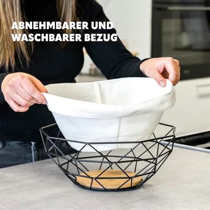 eluno Obstkorb - Brotkorb, moderne Obstschale aus schwarzem Metall & Bambus mit abnehmbarem waschbarem Bezug - 30 cm Ø, für Obst, Gemüse, Brot, Snacks – Bild 3