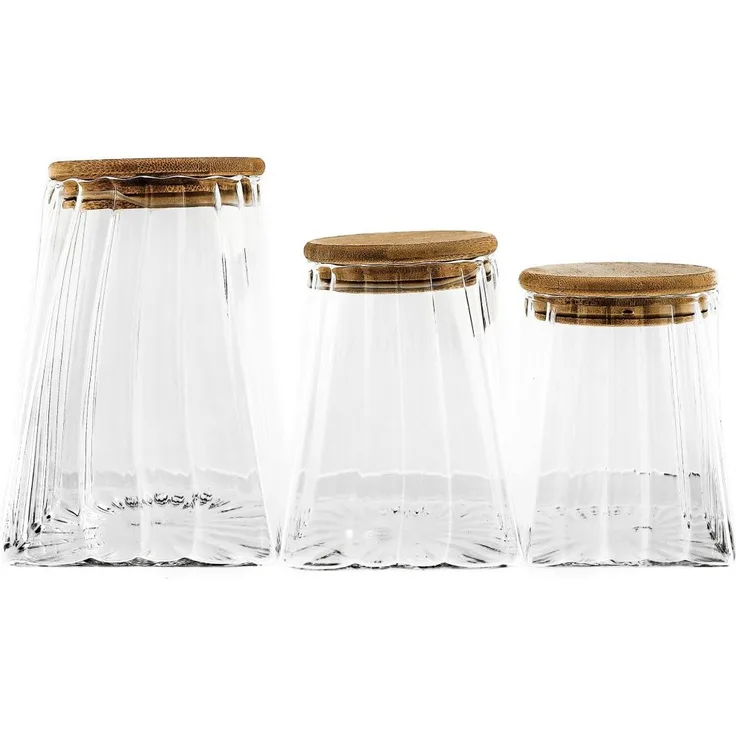 Mulex Elegante Vorratsbehälter aus Borosilikatglas, 3er Set mit luftdichtem Holzdeckel, 350 ml, 500 ml, 900 ml