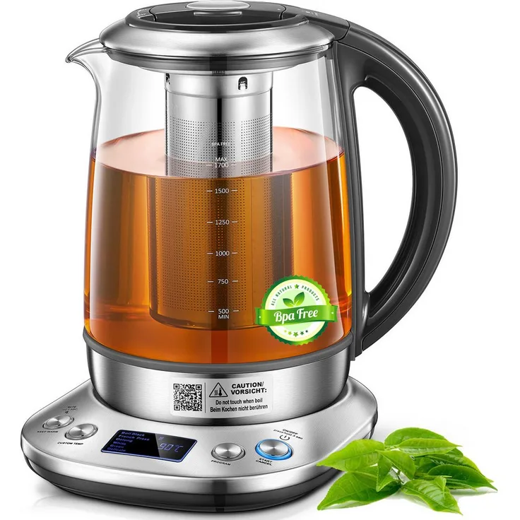 FOHERE Wasserkocher mit 6 Temperatureinstellungen, 1.7 l, Warmhaltefunktion, 2200 W, mit 10-Minuten-Speicherfunktion und digitalem Touch-LED-Display