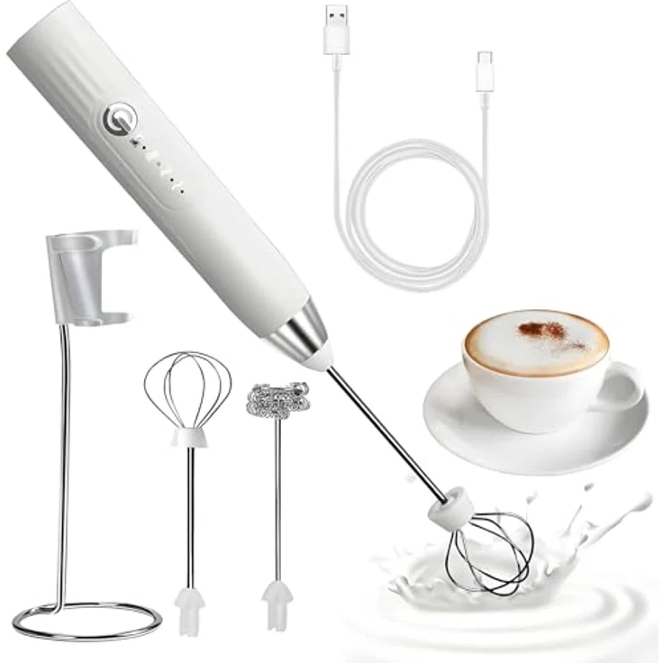 EBUYFIRE Elektrischer Milchaufschäumer Stab, USB-wiederaufladbar, 3 Geschwindigkeiten, 2 Schneebesen, Edelstahl-Ständer für Latte, Kaffee, Matcha und Cappuccino – Bild 1