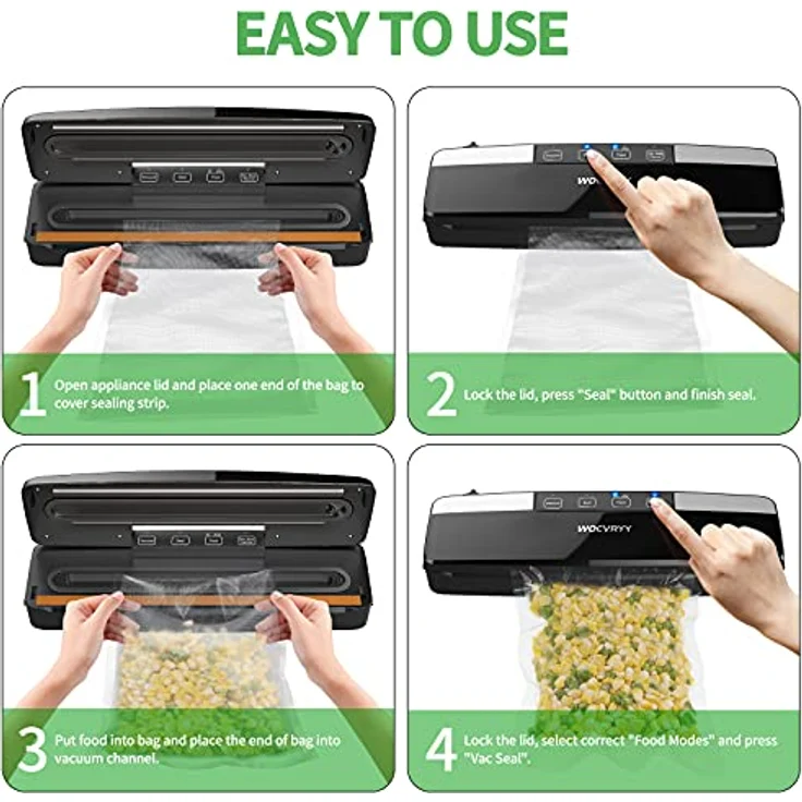 WOCVRYY Vakuumierer 6 in 1 Vakuumiergerät mit Cutter, 125W, Trocken- und Nasspumpmodus, Vakuum versiegelt, 65Kpa, LED Touchscreen, Extraktionsfunktion, 10 Profi-Folienbeute, 8-Fache Frische Länger – Bild 7
