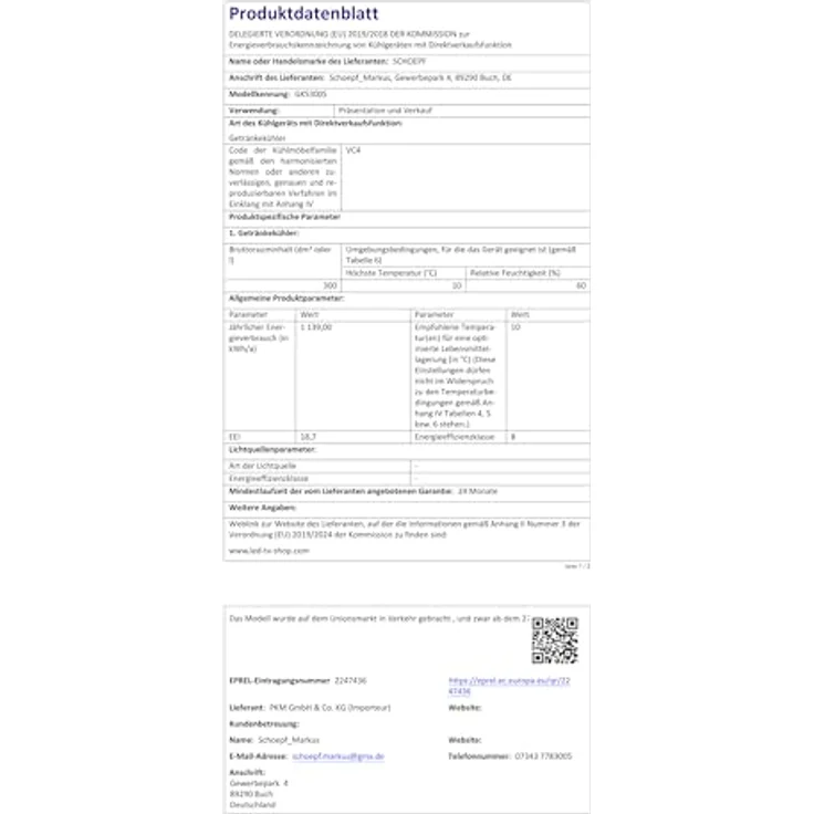 SCHOEPF GKS300SB, gewerblicher Getränkekühlschrank mit 300 L, Umluft, Glastür, 4 verstellbare Drahtablagen, weiß, 169 cm Höhe, Energieeffizienzklasse B – Bild 3